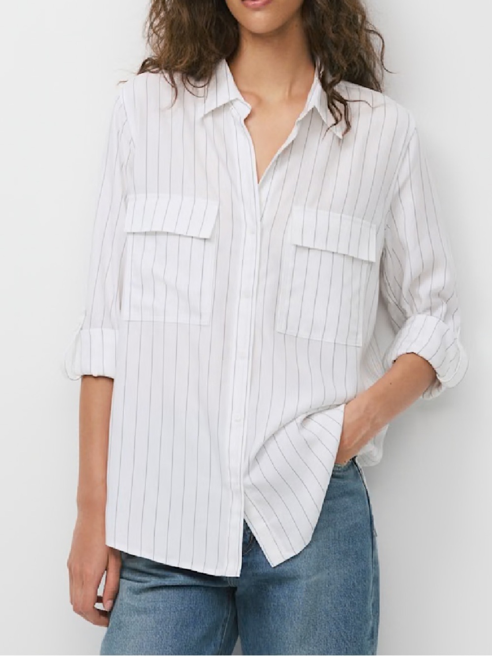 Aritzia Babaton Utility Shirt Preppy Casual Pinstripe White Gray Women’s Small